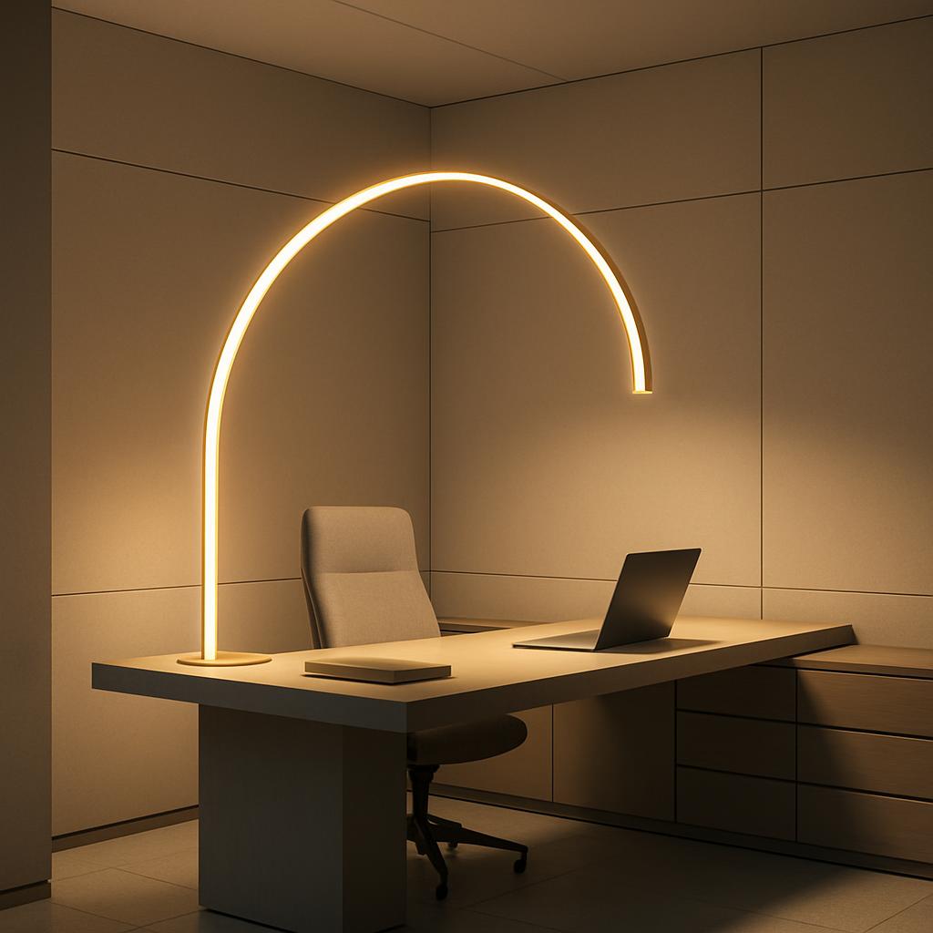 A well-lit modern home office at night, featuring a table arch lamp with an adjustable long, thin light bar, illuminating ...