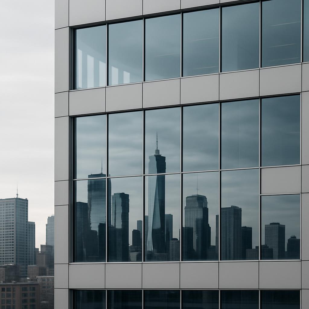 The alt text for the provided image could be summarized as "Skyscrapers and One World Trade reflect in large windows." Her...